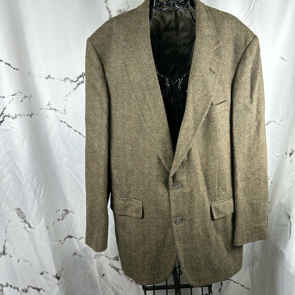 Towncraft Single Breast Wool Blazer Vintage Chevron Weave Sport Coat Brown